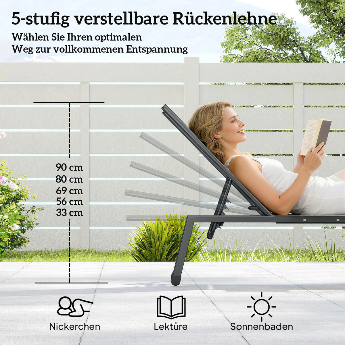 SONNENLIEGE DE-07710 2er-Set, 5-fach verstellbar, mit Seitentisch, Rollen Grau - Grau, Metall (74/35/190cm) - ComfortXL