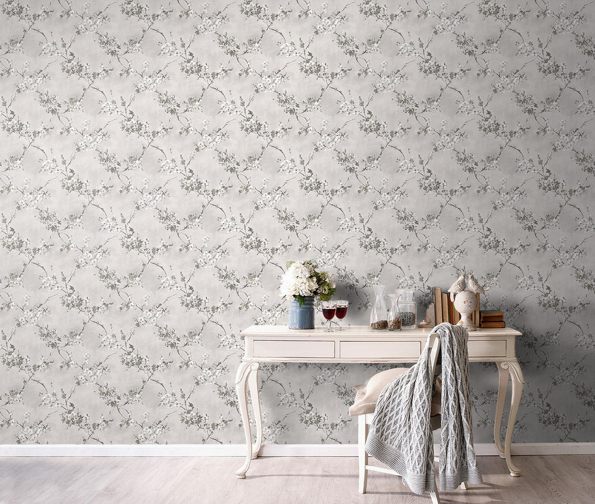 TAPETE Blumen 53 cm x 10 m - Grau, Papier (53/1000cm) - Sanders & Sanders