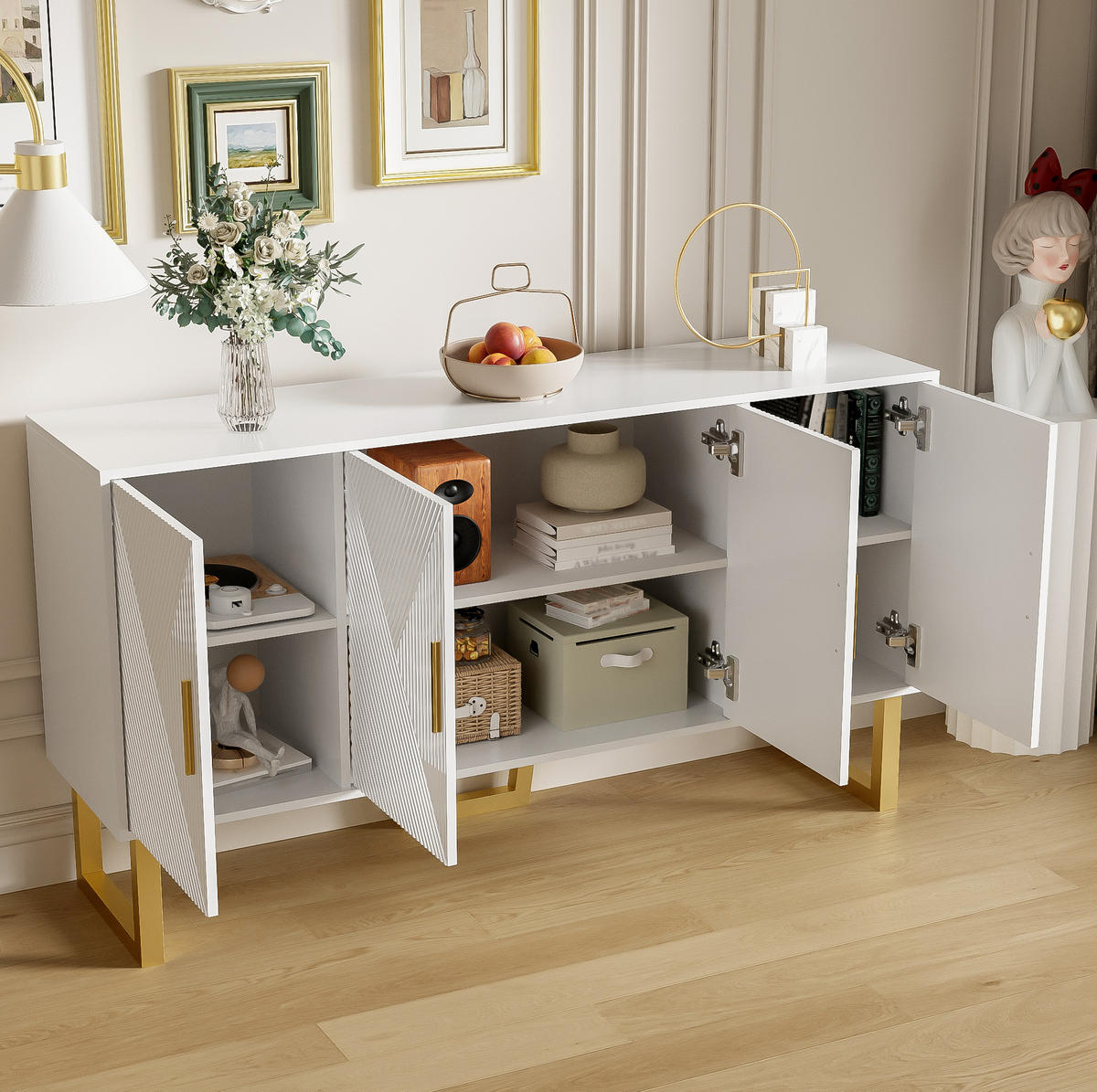 SIDEBOARD 150/40/82 cm in Weiß Hochglanz mit 4 Türen & verstellbaren Einlegeböden - Weiß, Holzwerkstoff (150/82/40cm) - BEAOK