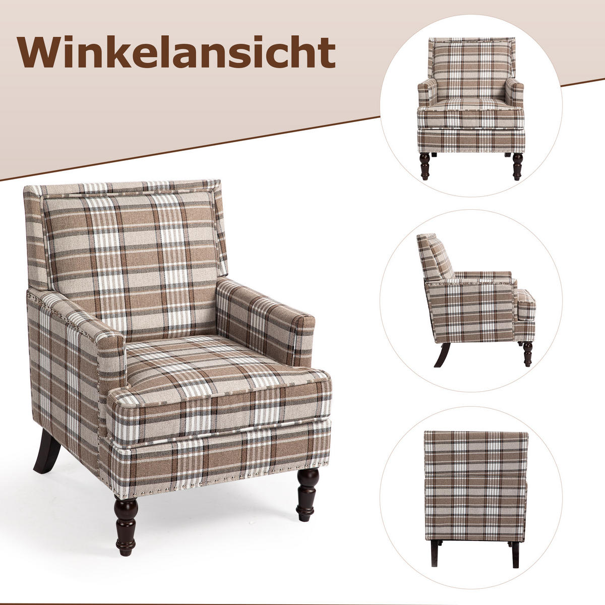SESSEL Leinen Braun & Weiß - Braun/Weiß, Holzwerkstoff/Textil (69/89/69cm) - WISHDOR