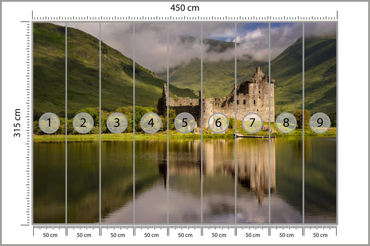 FOTOTAPETE Burgruine Kilchurn See Landschaft 3D 450x315 - Beige/Braun, Papier (450/315cm) - Muralo