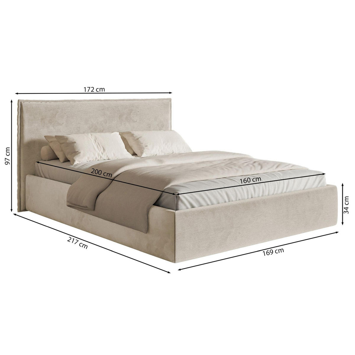 POLSTERBETT Softie Slim Hellgrau Velours 160x200 - Hellgrau, Textil (160/200cm) - Selsey