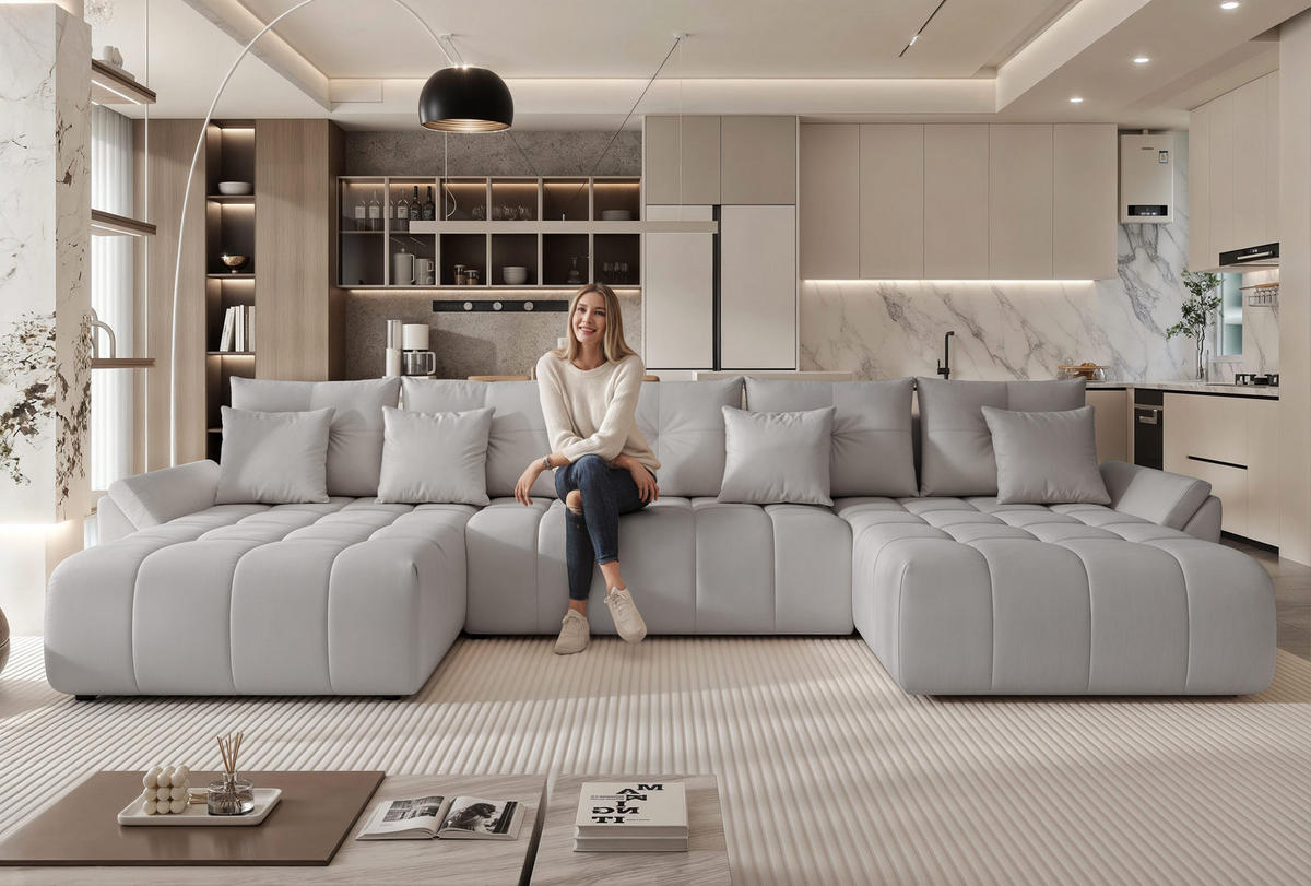 WOHNLANDSCHAFT DIEGO mit Schlaffunktion und Bettkasten Grau - Grau, Holzwerkstoff/Kunststoff (382/91/190cm) - Idohome