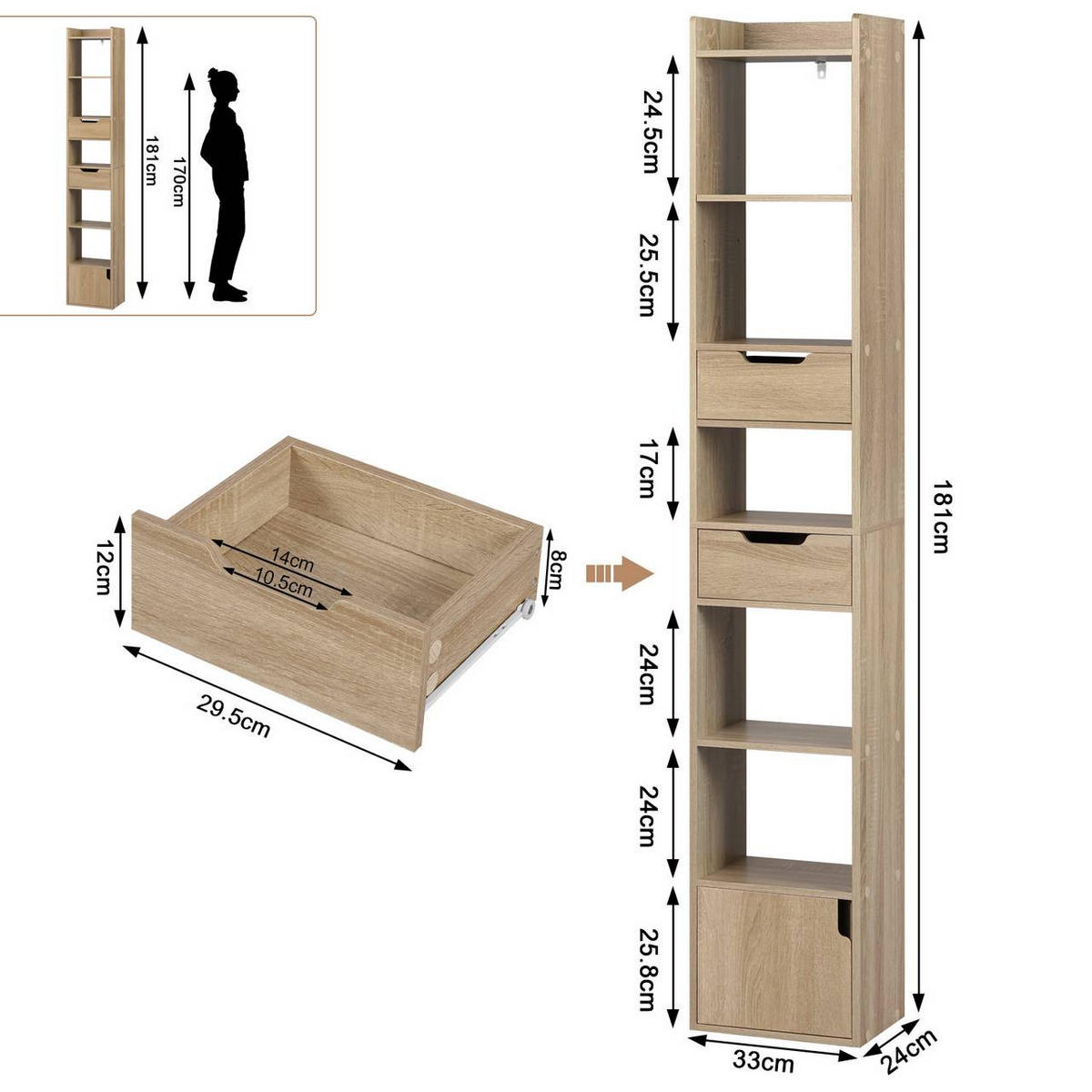 BÜCHERREGAL mit 6 Ablagen, aus Holzwerkstoff, Helle Eiche - Eichefarben, Holzwerkstoff (33/181/24cm) - Woltu
