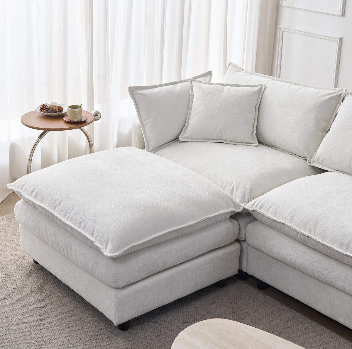 ECKSOFA 267/154/85 cm Beige aus Chenille mit Hocker modulares 3-Sitzer-Sofa - Beige, Textil (154/267cm) - OKWISH