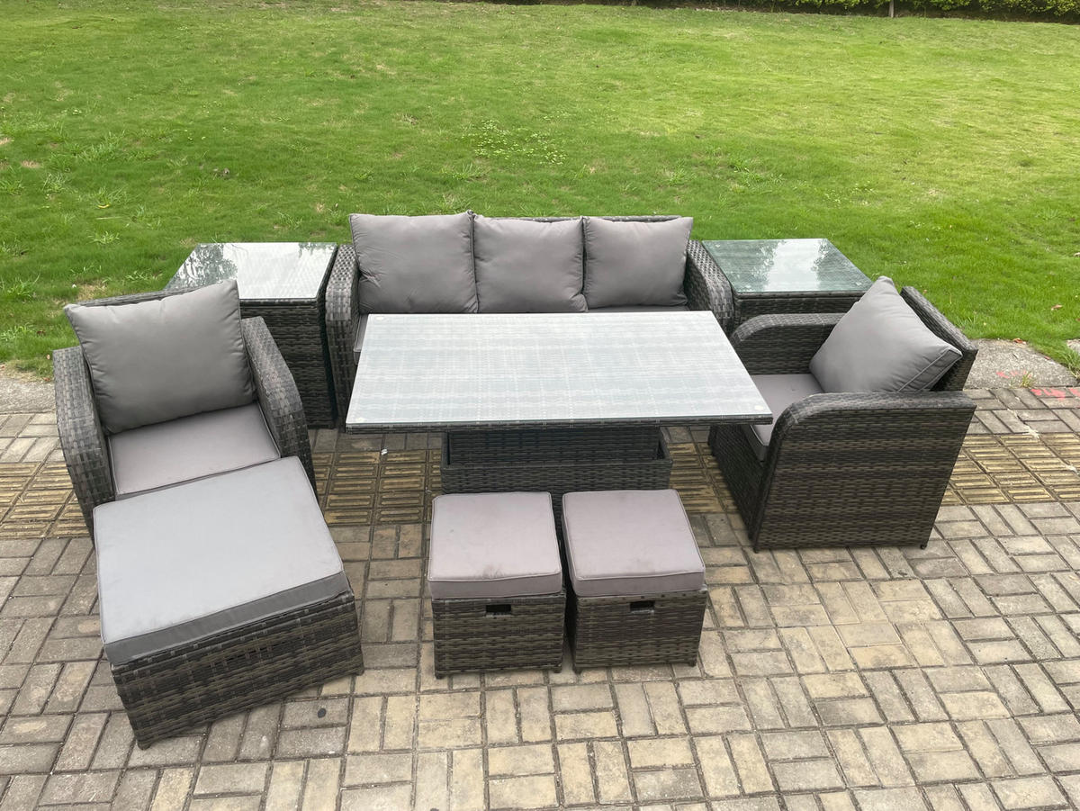 LOUNGESOFA Polyrattan 8-Sitzer - Dunkelgrau/Grau, Glas/Kunststoff - Fimous