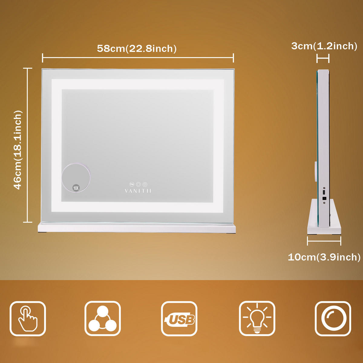 SCHMINKSPIEGEL mit LED Lichtleiste weiß 58/46 cm - Weiß, Metall (58/46/3cm) - VANITII