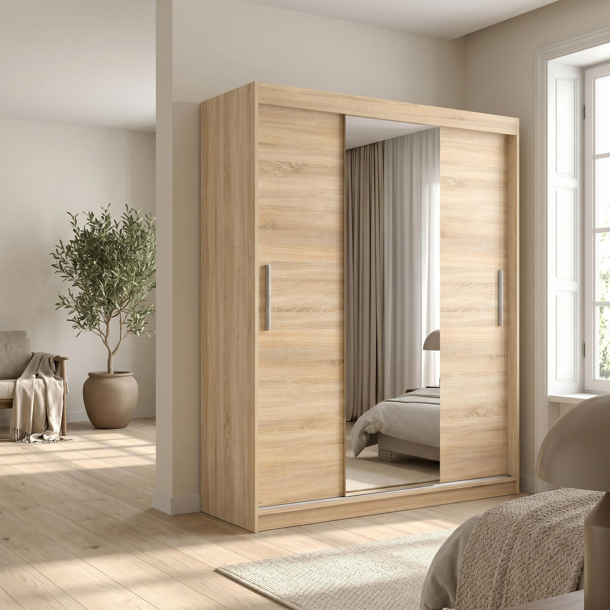 SCHWEBETÜRENSCHRANK VIVA 180/215,5/59cm 2-türig mit Spiegel Sonoma Eiche - Sonoma Eiche, Holzwerkstoff (180/215.5/59cm) - MASSENO