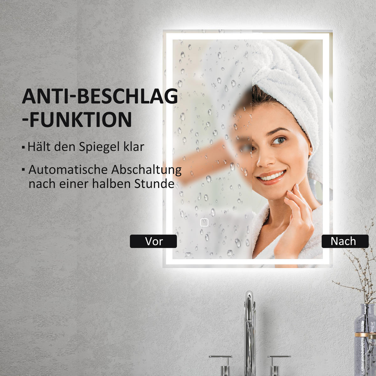 BADSPIEGEL, Badezimmerspiegel mit LED-Leuchte, 70 x 50 cm Wandspiegel, IP44 - Silberfarben, Glas (50/4/70cm) - HOMCOM