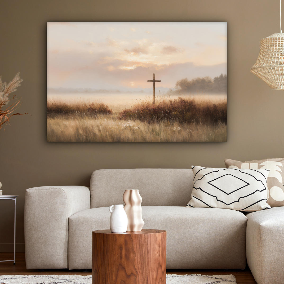 LEINWANDBILD Gras - Morgennebel - Kreuz - Christentum Wohnzimmer Groß 120x80 cm - Beige, Textil (120/80cm) - MuchoWow