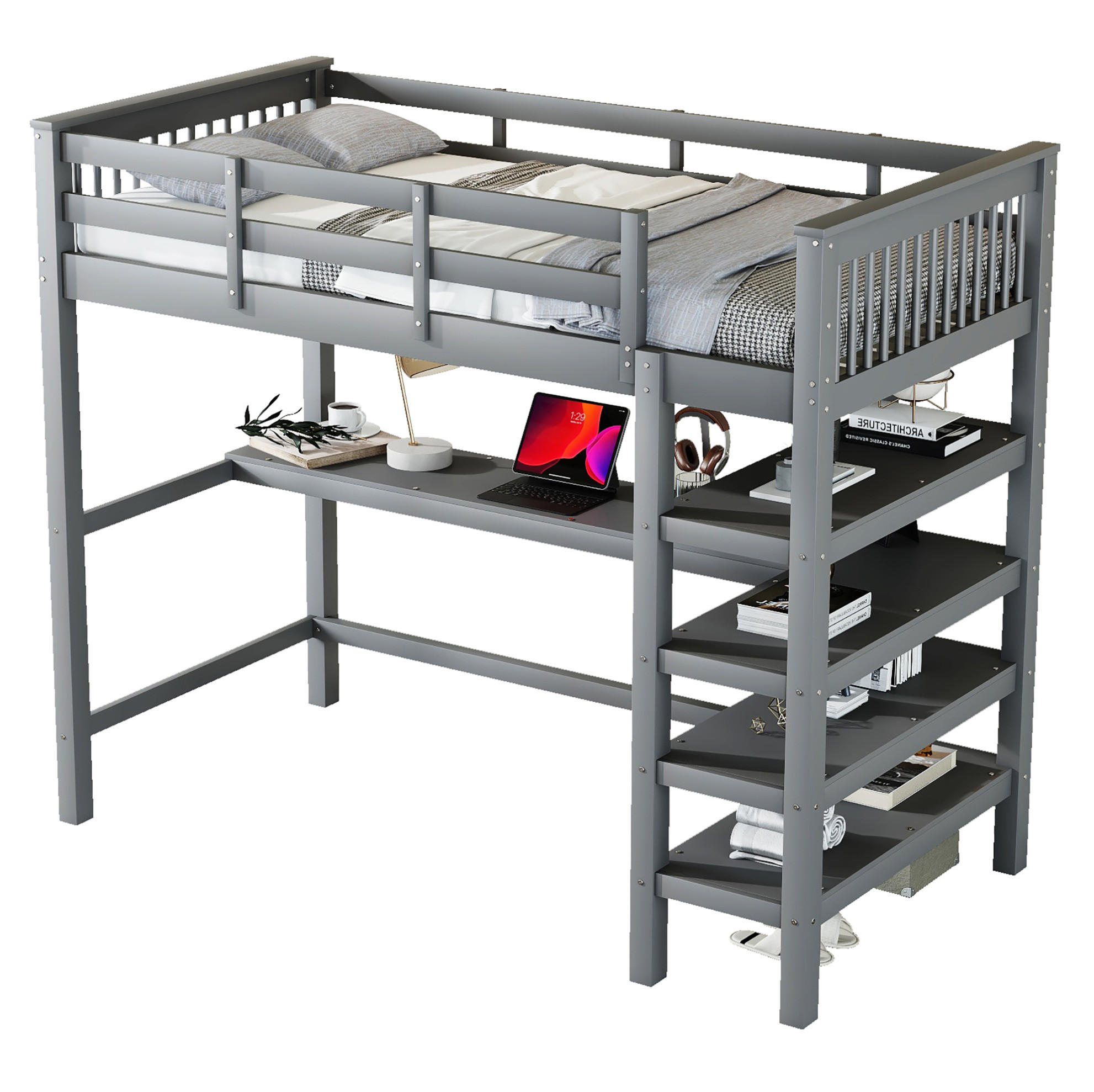 HOCHBETT 90/200 cm in Grau – mit Schreibtisch, Regalfächern und Rausfallschutz - Grau, Holzwerkstoff (90/200cm) - BEAOK