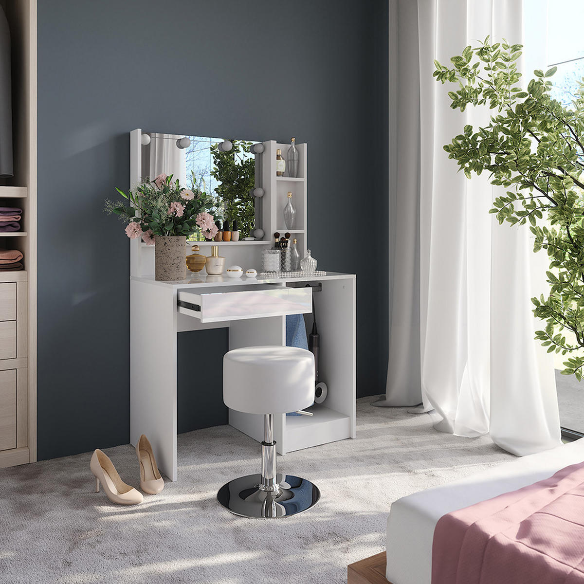 SCHMINKTISCH Sherry Weiß/Weiß Hochglanz 89.8 cm 5 Teile - Weiß Hochglanz, Holzwerkstoff (50.1cm) - Vicco