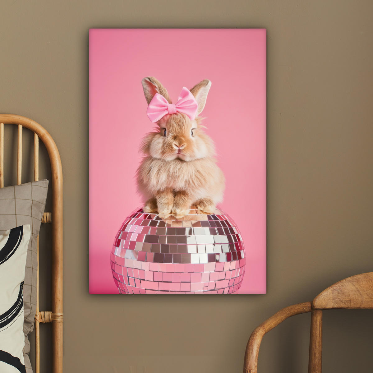 LEINWANDBILD Schleife - Discoball - Kaninchen Wanddeko 40x60 cm - Pink, Textil (40/60cm) - MuchoWow