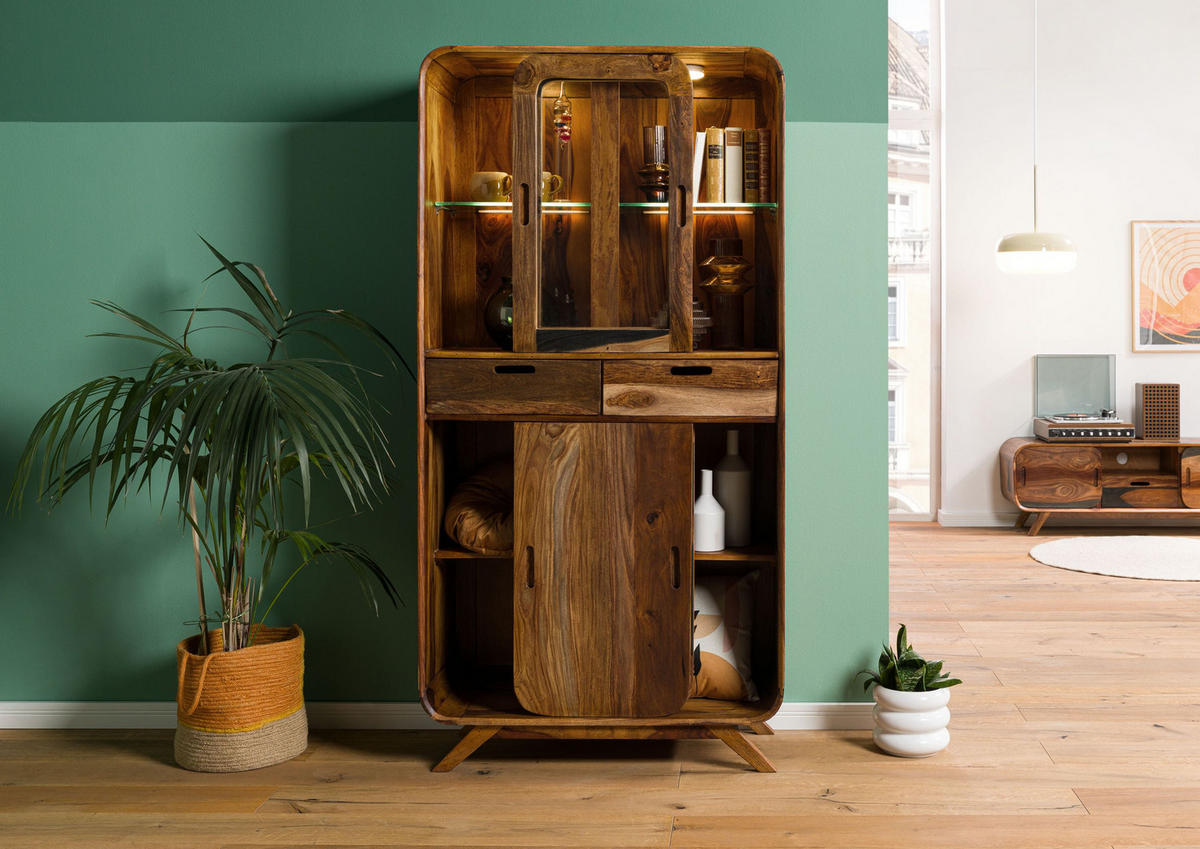 VITRINE Sheesham 90x40x180 dunkelbraun lackiert MAILAND #215 - Dunkelbraun, Holz (90/180/40cm) - Massivmoebel24