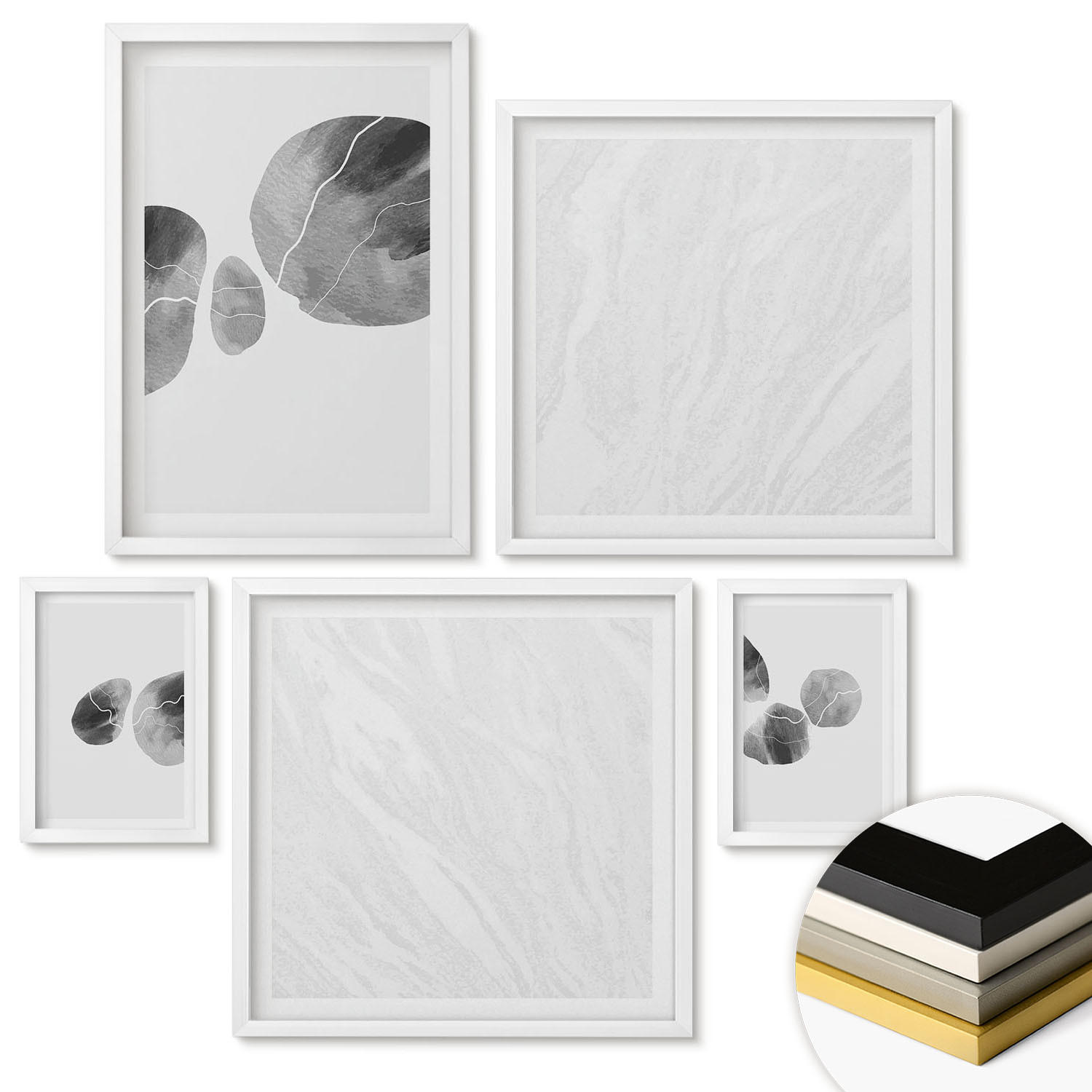 WANDBILDER 5er-Set - 50x50 cm & 20x30 cm & 40x60 cm Weißer Rahmen - Abstrakte Kunst, Farbspritzer - Weiß, Kunststoff (40/60cm) - ArtPrintCave