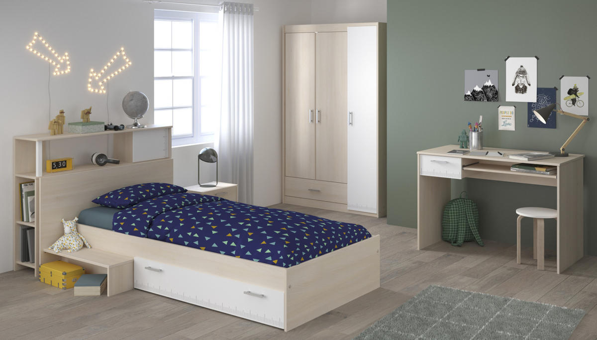 JUGENDZIMMER Set 5-tlg Kleiderschrank Schreibtisch Bett 90x200 - Silberfarben/Weiß, Holz/Holzwerkstoff (160/180/52cm) - Parisot Meuble