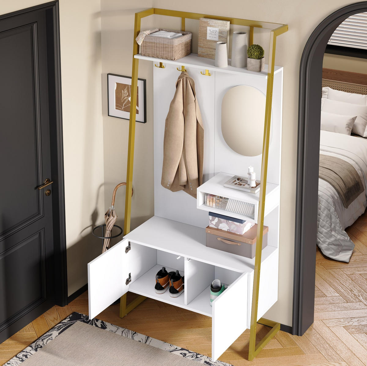 KOMPAKTGARDEROBE 78/38,5/180,5 cm aus Holzwerkstoff und Metall mit Spiegel und Schuhschrank Weiß - Weiß, Holzwerkstoff (38.5/180.5/78cm) - Modenvie