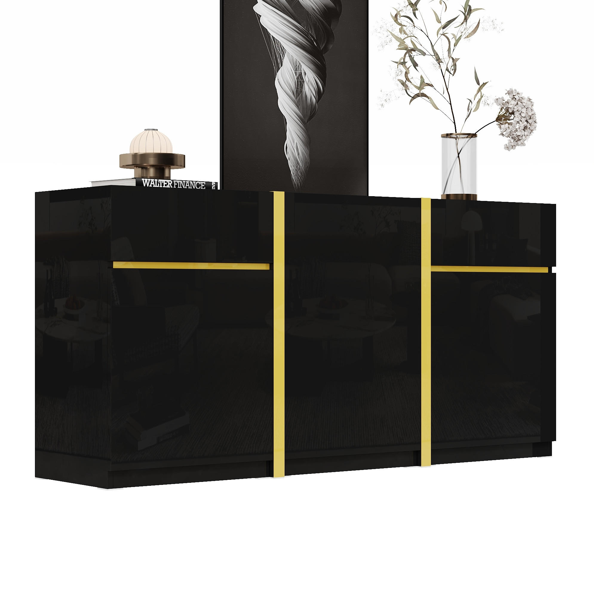 SIDEBOARD 160/40/78 cm in Schwarz Hochglanz mit 3 Türen & 2 Schubladen - Schwarz, Holzwerkstoff (160/78/40cm) - BEAOK