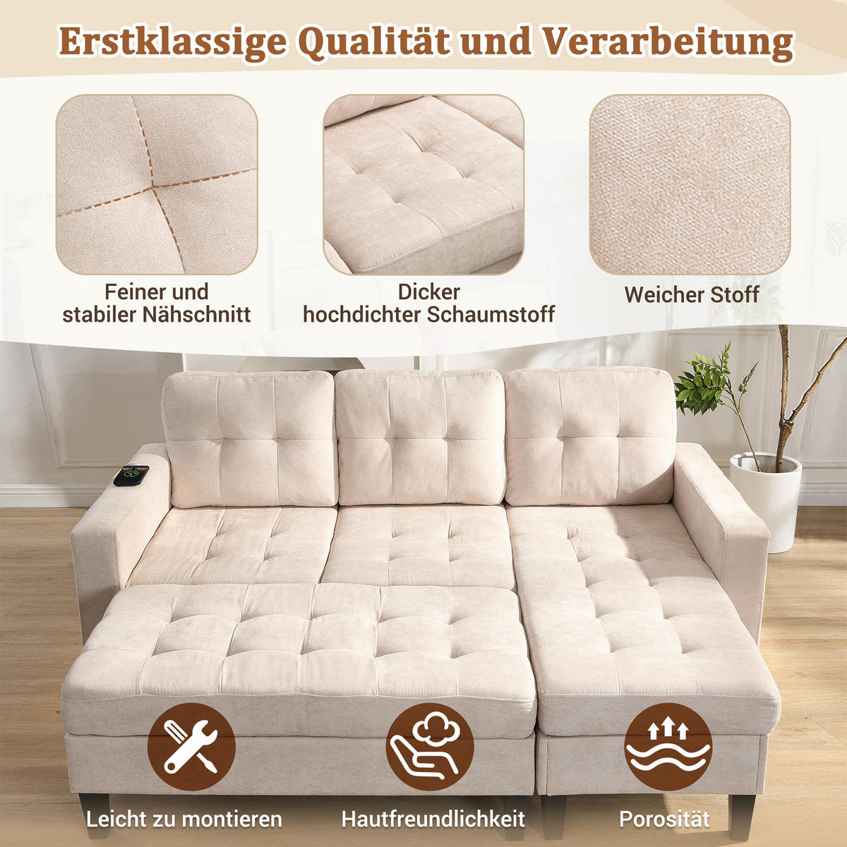 SCHLAFSOFA 185/135/85 cm Beige mit beweglicher Fußbank und LED-Ambiente-Beleuchtung - Beige, Textil (185/85/135cm) - Oxeza