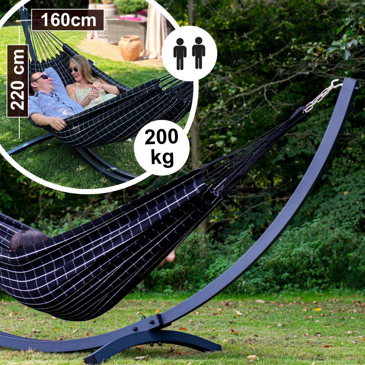 HÄNGEMATTE mit Verzinktem Gestell, 2 Personen, XXL, 200 kg, Metall, Catargo Schwarz, einfache Montage - Schwarz, Metall (370/130/120cm) - Potenza