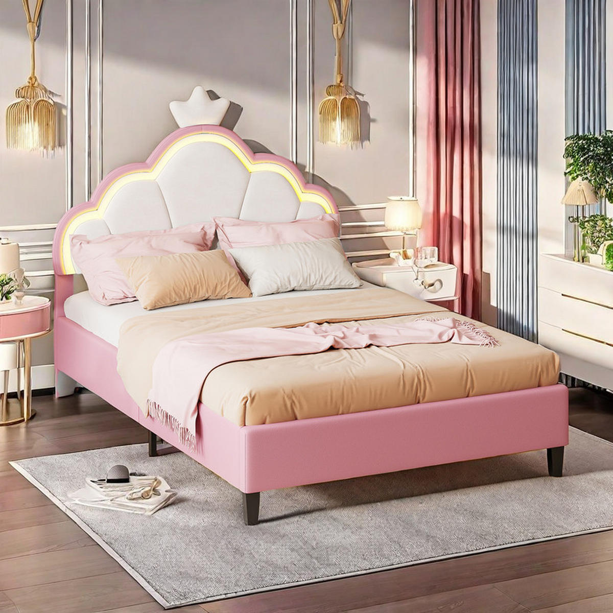 KINDERBETT 140x200cm, Samt, Rosa, Mädchenbett, mit LED-Lichtleiste, ohne Matratze - Rosa, Holz (140/200cm) - WoodenAura