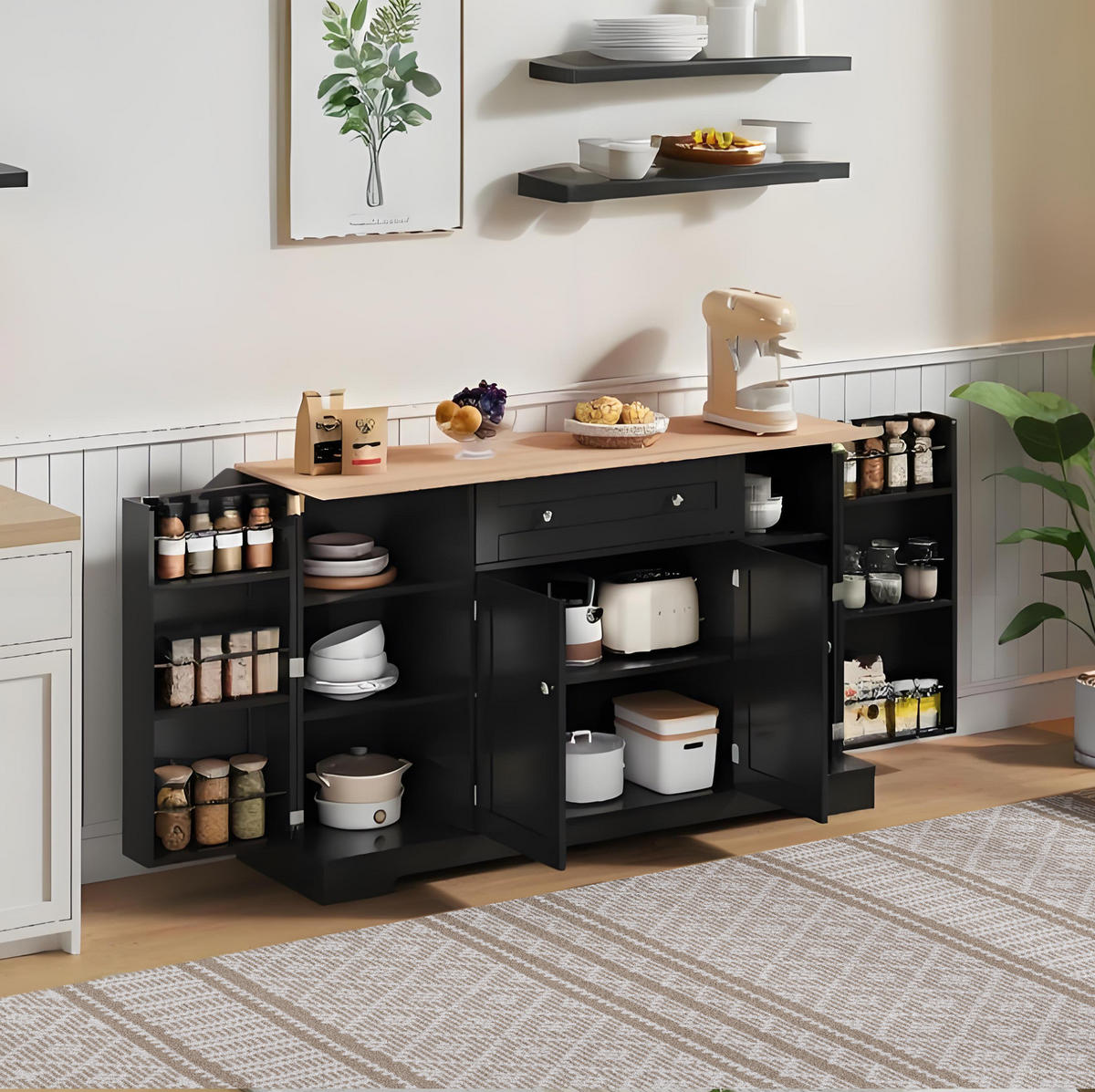 SIDEBOARD 138 cm in Schwarz mit Schublade, verstellbaren Einlegeböden und Kippschutz - Schwarz, Holzwerkstoff (138/85/40cm) - Flora Grace