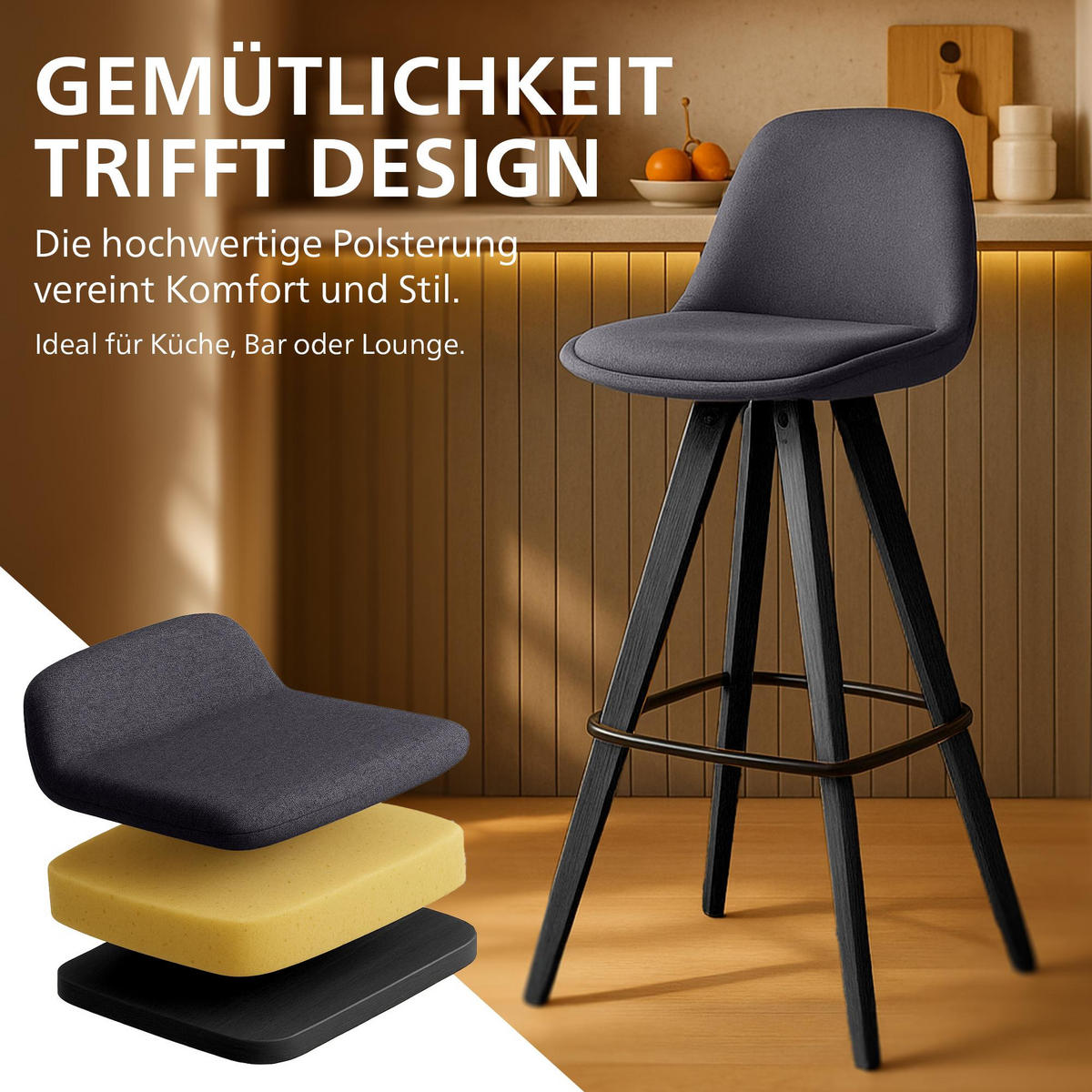 BARHOCKER 2er Set Stoff Dunkelgrau - Dunkelgrau/Schwarz, Holz/Textil (38/99/44cm) - CLP