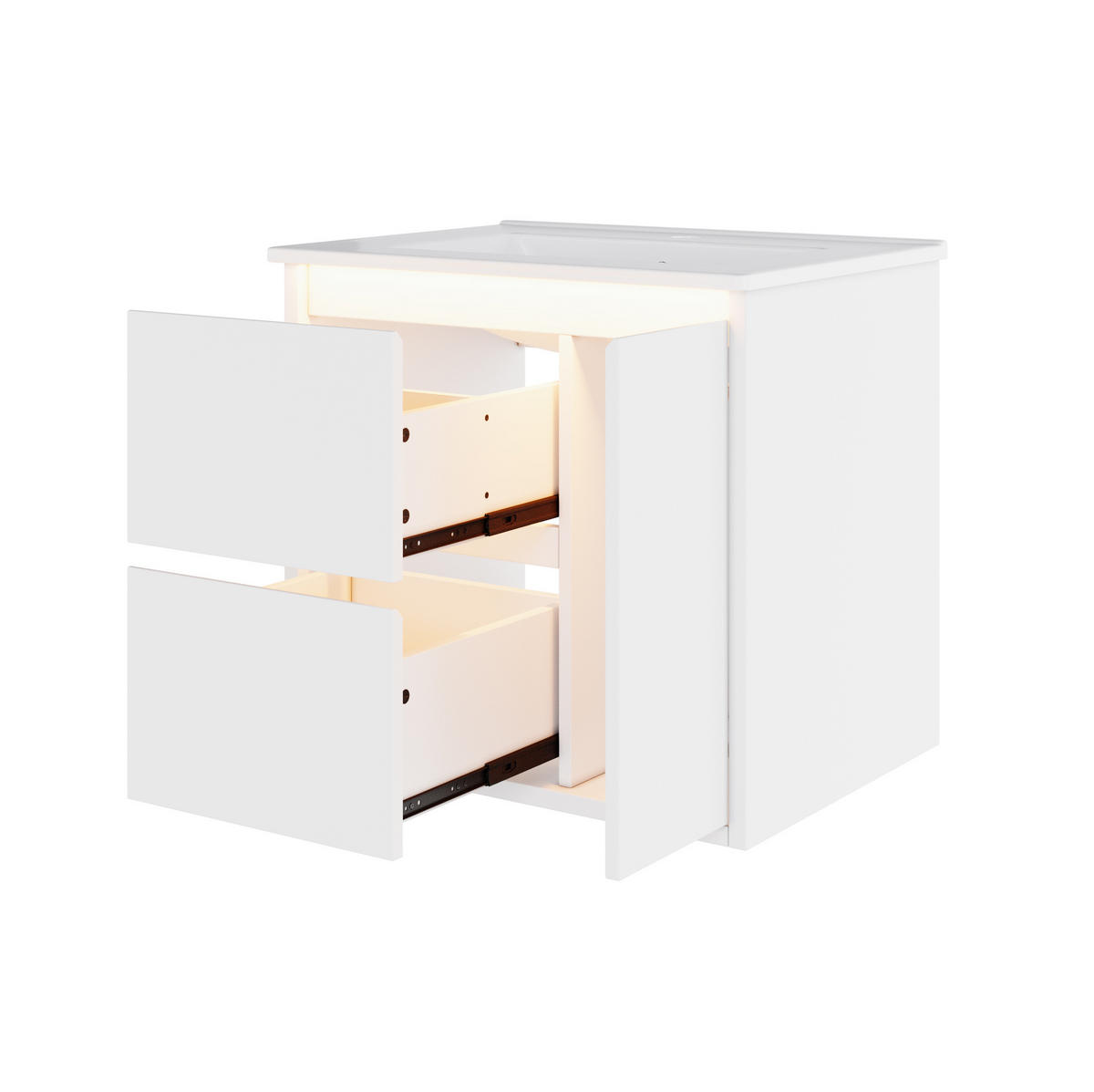 WANDWASCHTISCH aus MDF und Keramik 61x46,5x57 cm Weiß mit LED-Radarsensorleuchte und Soft-Close - Weiß, Keramik (61/57/46.5cm) - Modfu