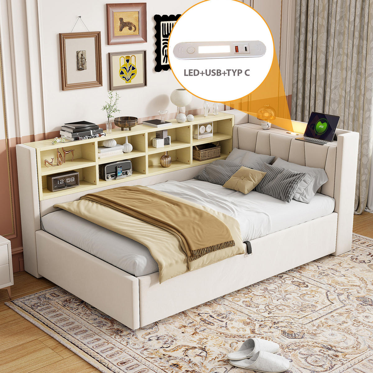 SAMT-POLSTERBETT 90/200 cm mit Bettkasten, USB-C und gepolstertem Kopfteil - Beige, Textil (90/200cm) - BEAOK