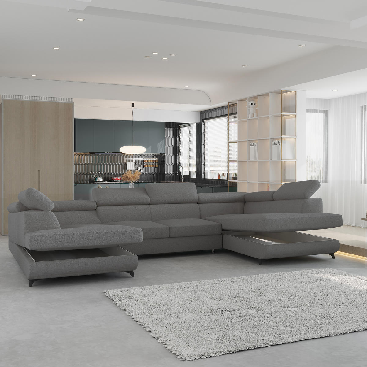 WOHNLANDSCHAFT VINTESSA Grau Boucle-Stoff mit Schlaffunktion - Grau, Holz (323/89/190cm) - MASSENO