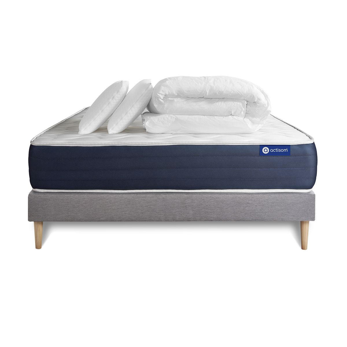 BETT Actiflex sleep Taschenfederkern und Memory-Schaum 160 x 200 cm h2 - Kit Bettgestell Grau - Mit Kissen und Bettdecke - Beige/Grau, Karton/Holz (160/200cm) - ACTISOM