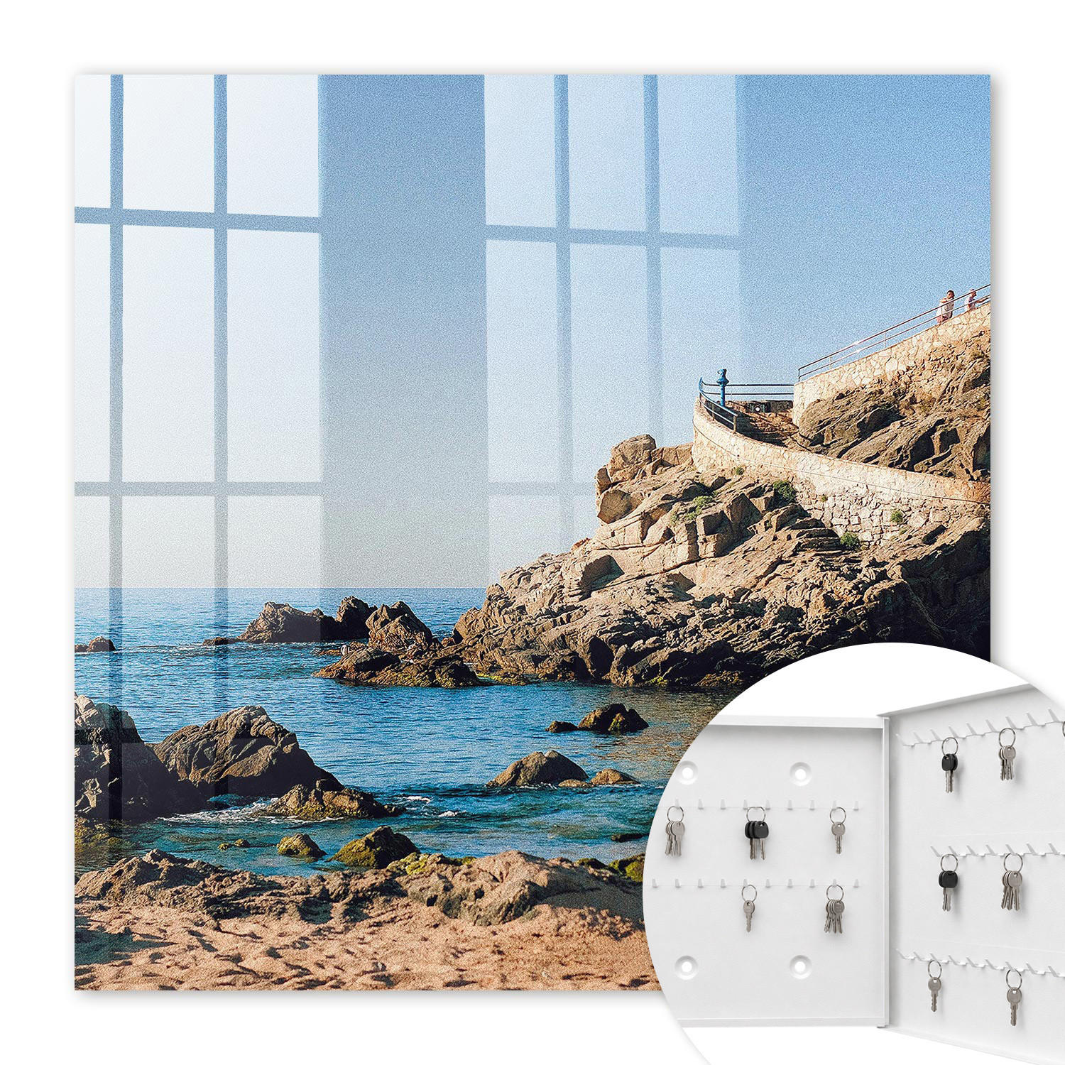 SCHLÜSSELBOX Weiß 30x30 cm – Türöffnung nach rechts - Küstenlandschaft - Blau, Metall (30/30/5cm) - TULUP