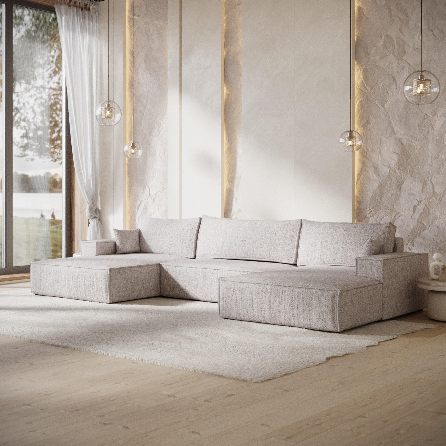 WOHNLANDSCHAFT NUBO mit Schlaffunktion Creme im Neve Stoff - Beige/Schwarz, Holz/Holzwerkstoff (398/70/148cm) - AltaBeds
