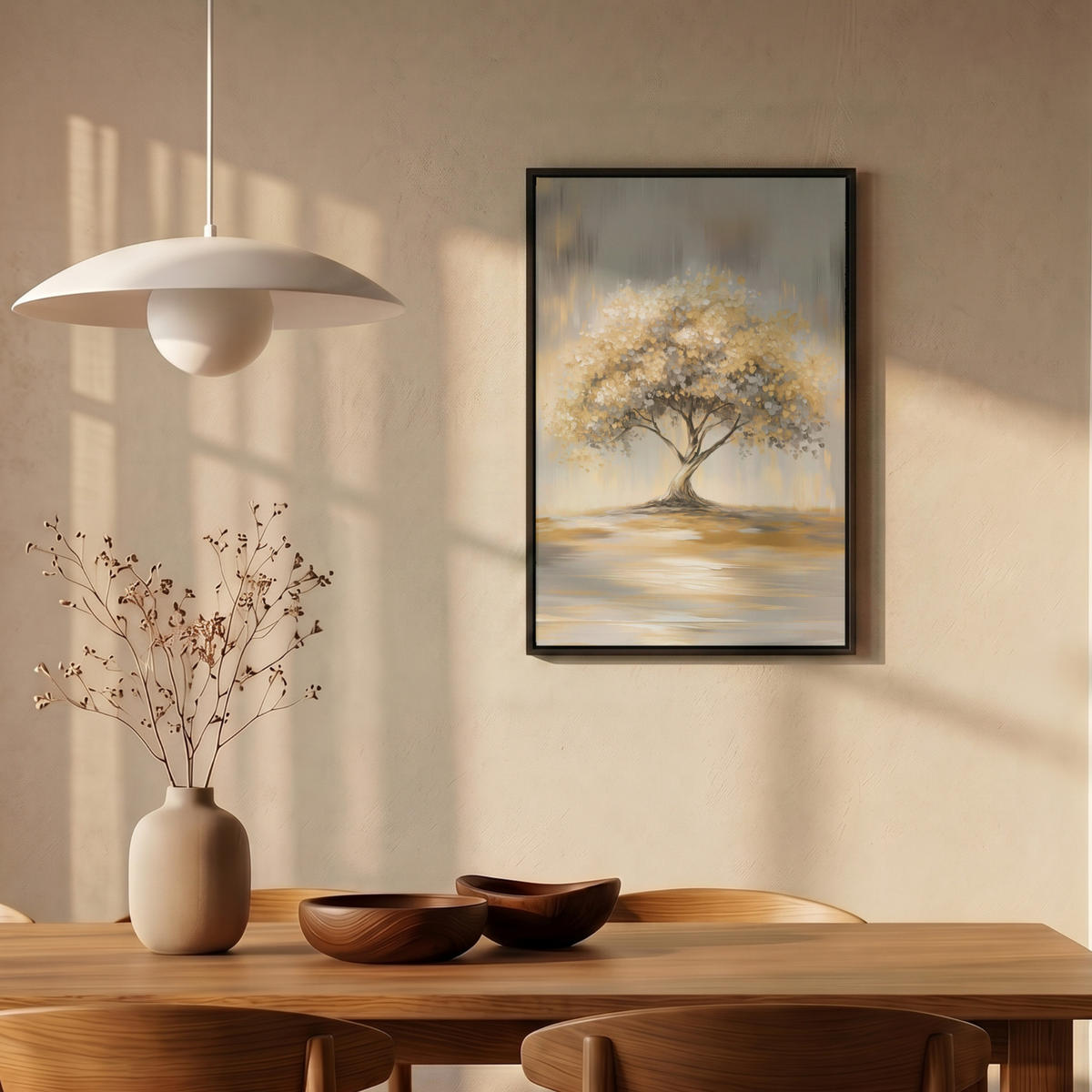 LEINWAND Bilder mit Rahmen - Gemälde - Baum - Abstrakt - Blätter - 40x60 - Beige, Textil (40/60cm) - MuchoWow