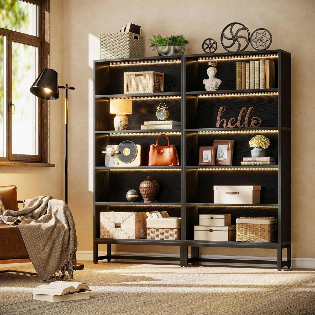 BÜCHERREGAL mit LED-Beleuchtung 180 cm Schwarz - Schwarz, Holzwerkstoff (30/180/80cm)
