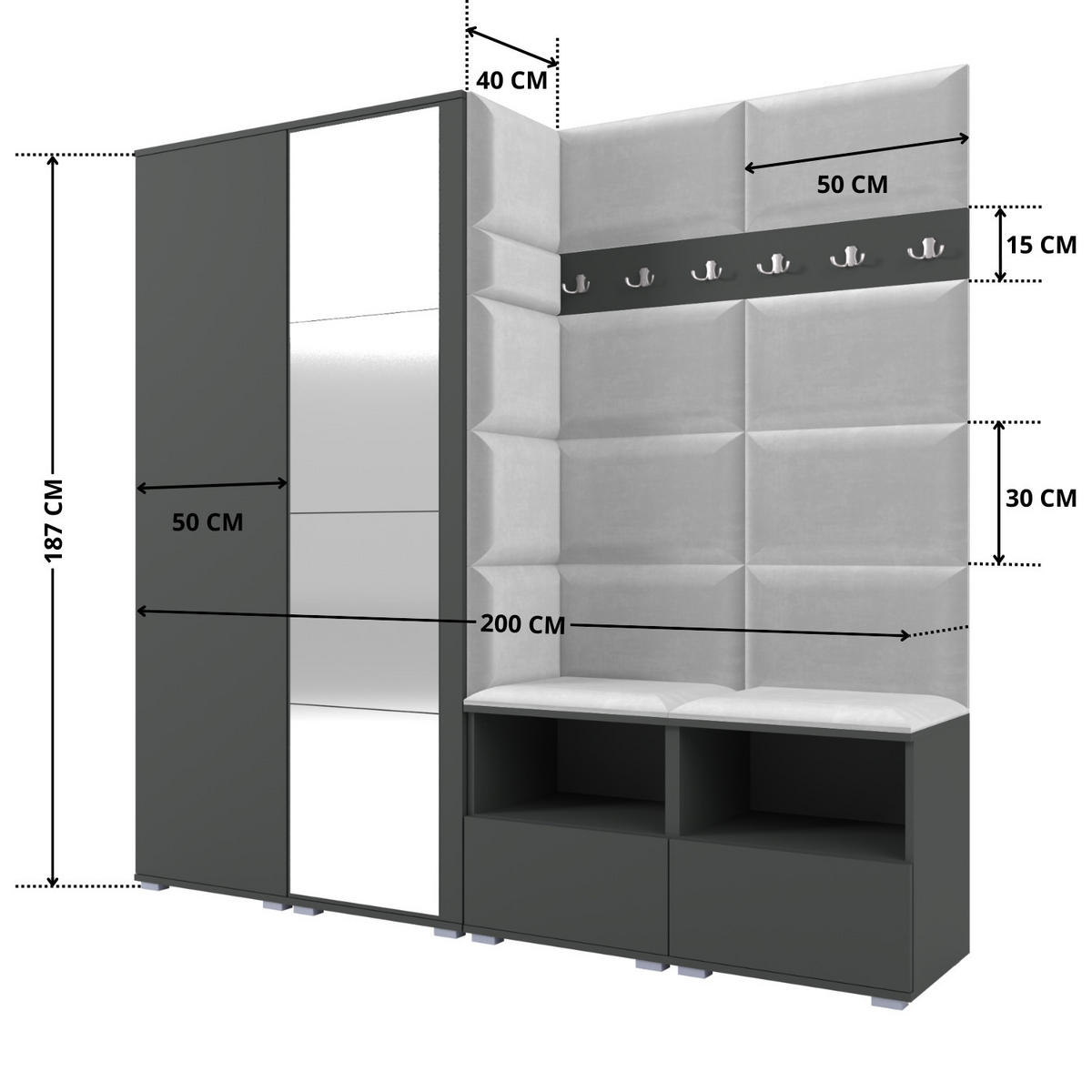 GARDEROBE NELA VI 200 cm (Modulare Flurmöbel Graphit mit Spiegel & Sitzpolster Hellgrau 32 Universell) - Silberfarben/Hellgrau, Holz/Holzwerkstoff (200/187/40cm) - Ravio