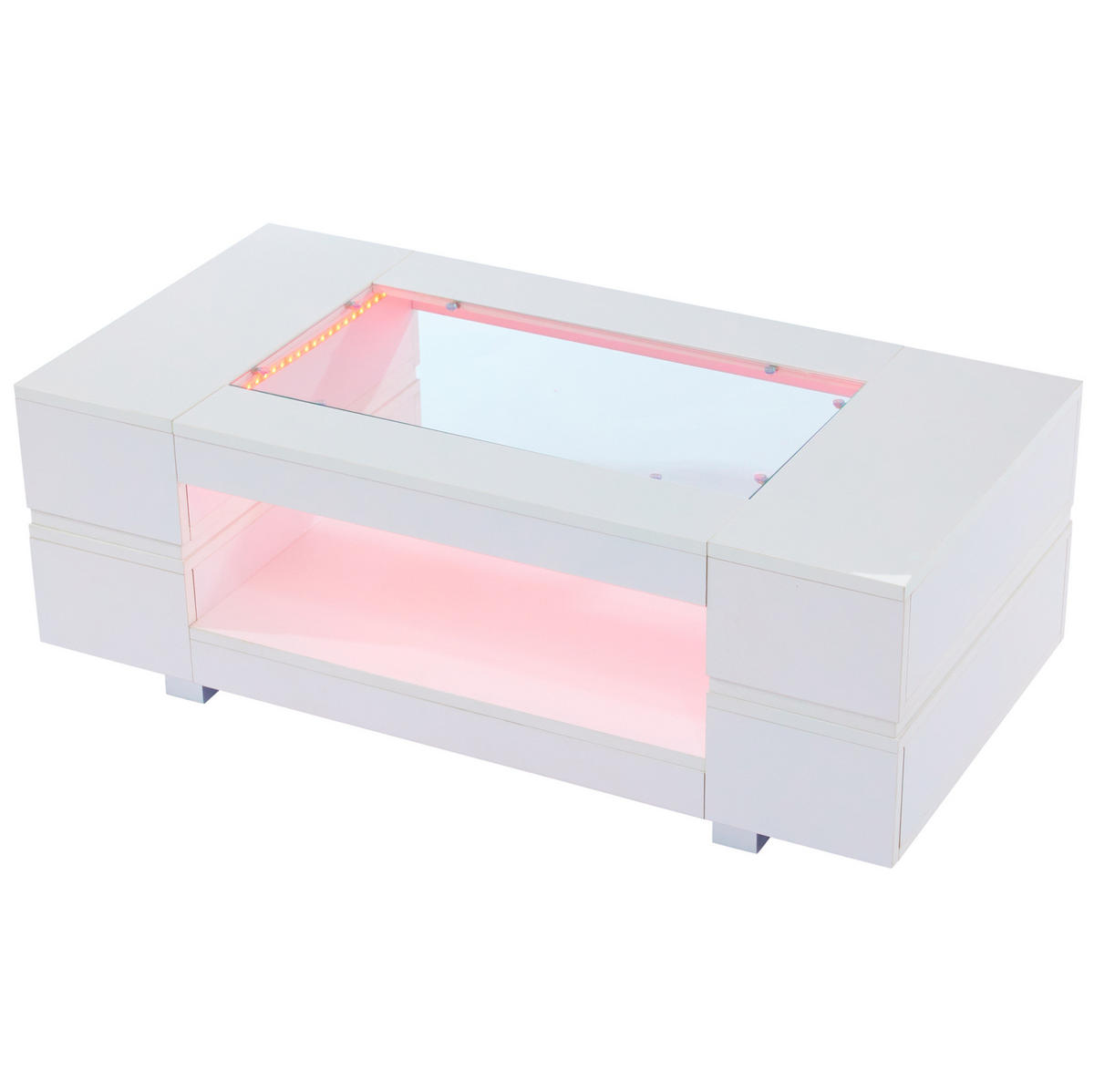 KONFERENČNÍ stolek z dřevotřísky 100x50x35 cm bílý s LED osvětlením, skleněnou deskou a úložným prostorem - bílá, kompozitní dřevo (100/50/35cm) - Modfu