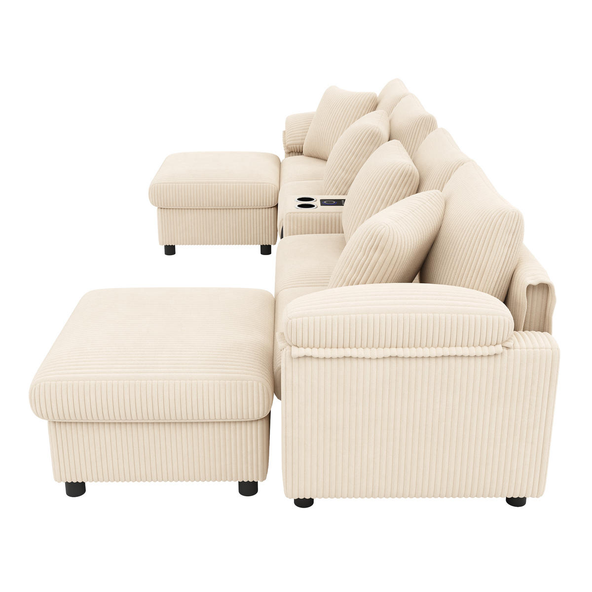 WOHNLANDSCHAFT Cord Beige mit Stauraum, Bluetooth, USB und Type-C - Beige, Holzwerkstoff/Kunststoff (315.5/84.5/144cm) - WISHDOR