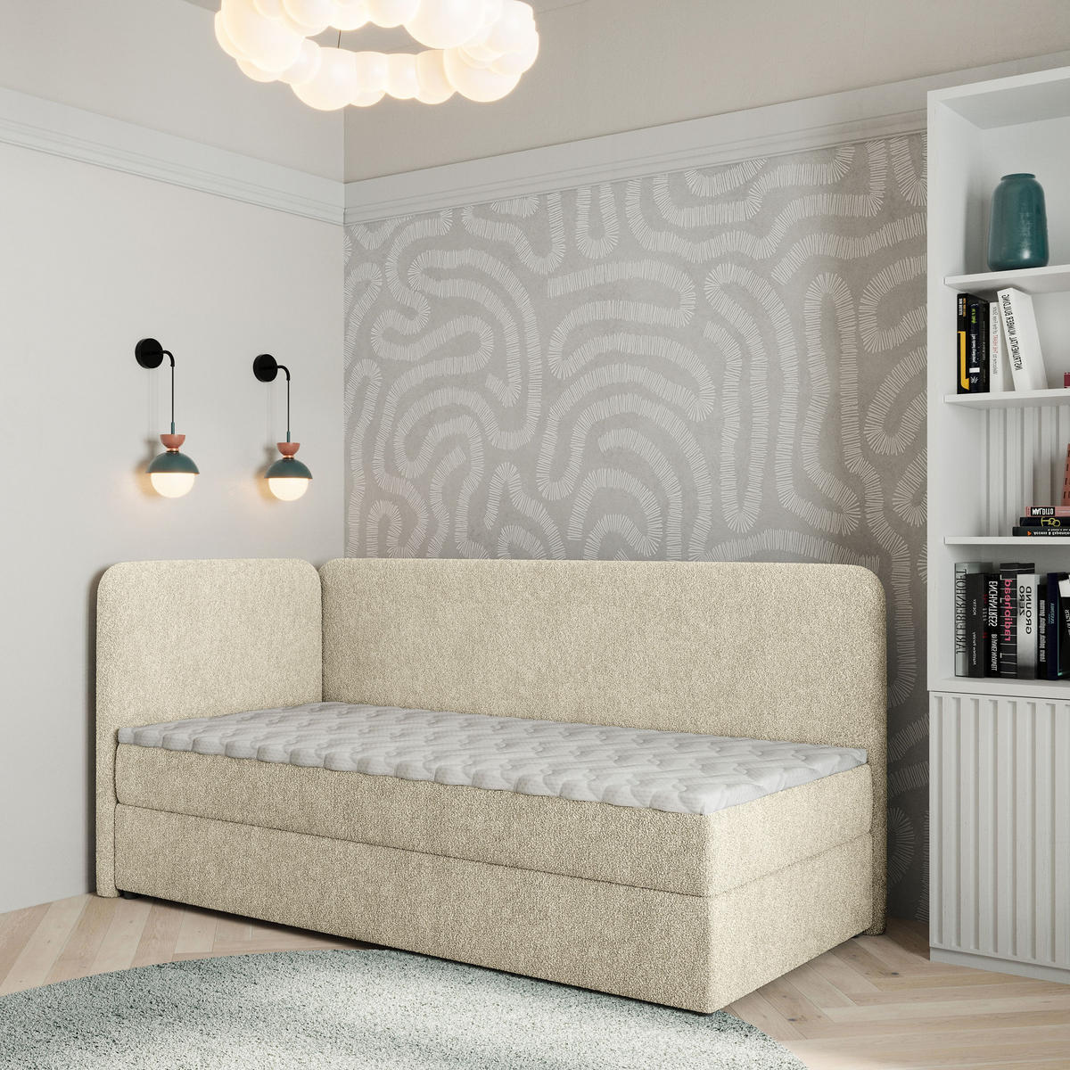 BOXBETT GINA 100x200 cm mit Matratze und Topper, H2+H3 - Creme - Creme, Holz (100/200cm) - MASSENO