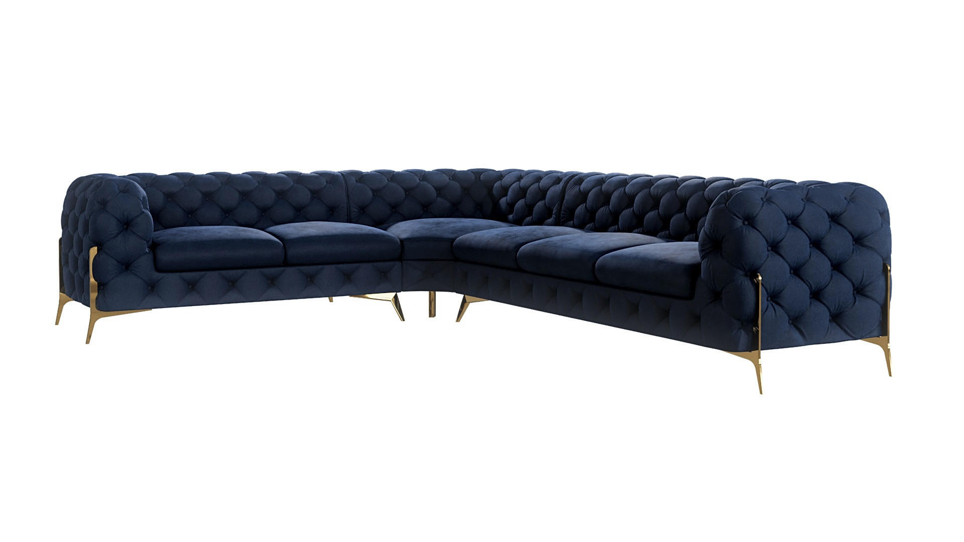 S-Style CHESTERFIELD ROHOVÁ SEDAČKA Lexi z námořnicky modrého sametu se zlatými nohami - otoman vlevo
