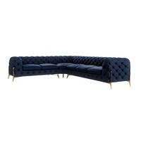 ECKSOFA Chesterfield Lexi Marineblau Samt, langer Schenkel rechts - Goldfarben/Dunkelblau, Holz/Textil (323/264cm) - S-Style Möbel