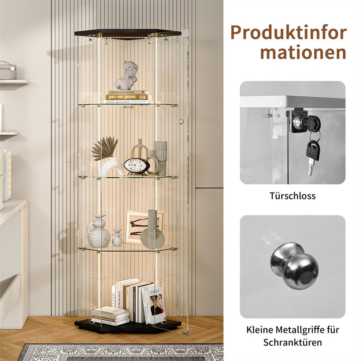 VITRINE mit RGB LED Beleuchtung - Eckvitrine mit 4 Ebenen und 1 Glastür - Glaskvitrine mit Schloss - Schwarz - Schwarz, Glas (60/162/42.5cm) - DELFA