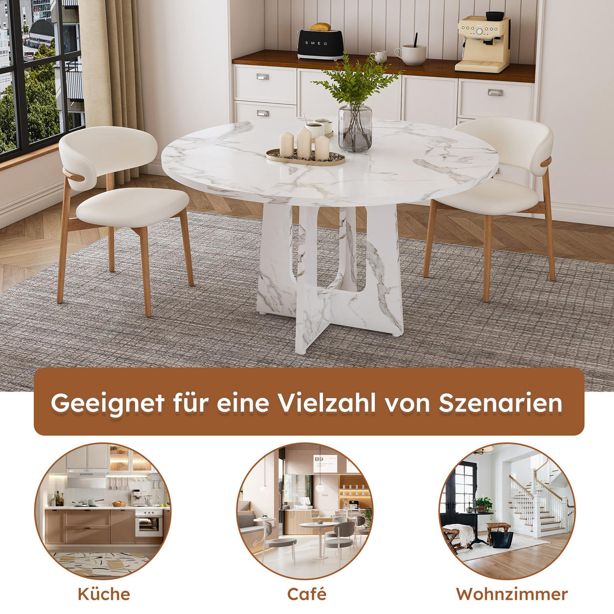 JÍDELNÍ STŮL v bílé barvě s MDF deskou a ořechovou dýhou do jídelny a obývacího pokoje, 120×120×76 cm - bílá, kompozitní dřevo (120/120/76cm) - STILVORA