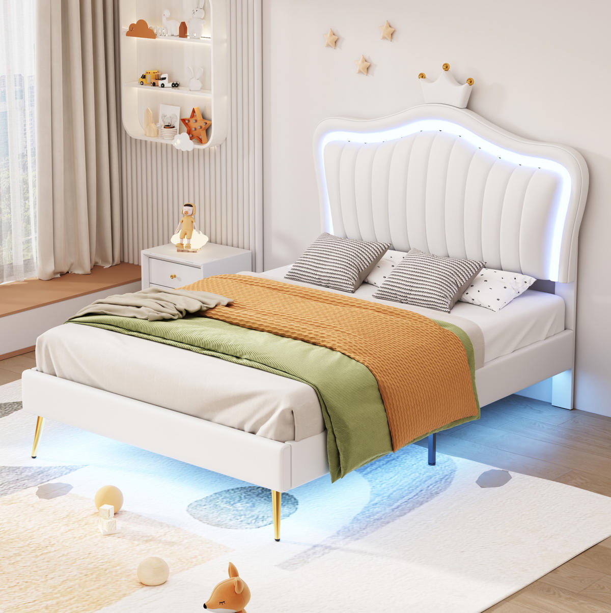 DETSKÁ posteľ 90/200 cm biela s LED osvetlením a nastaviteľným čelom z MDF a umelej kože - biela, textil (90/200cm) - OKWISH