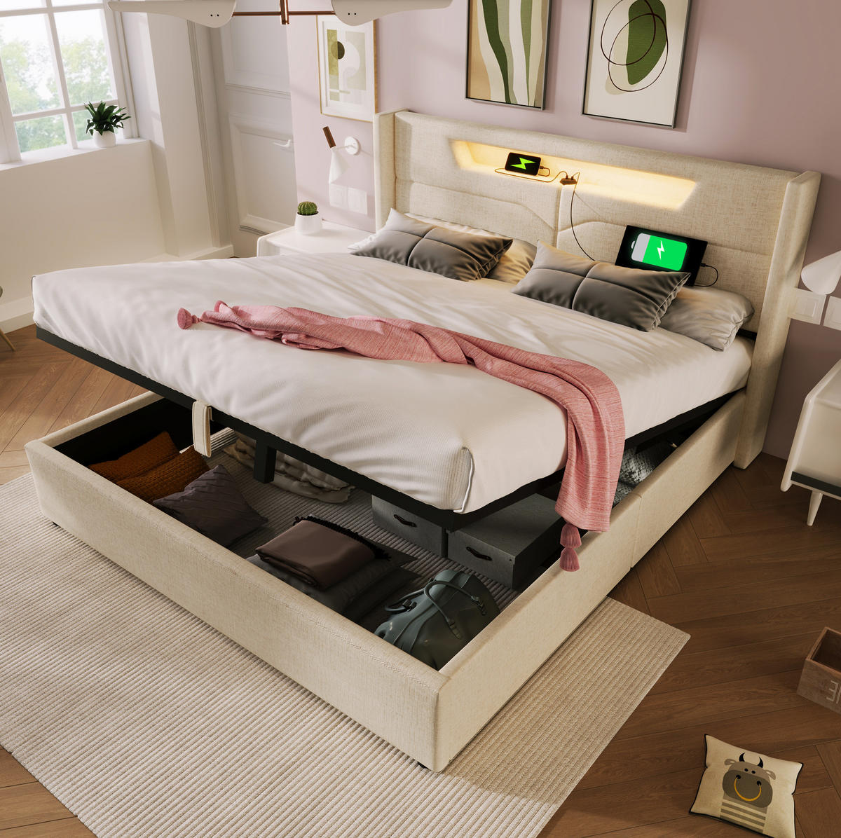 POLSTERBETT mit LED, USB und Stauraum 140x200 cm Beige - Beige, Metall (140/200cm) - Meubliv