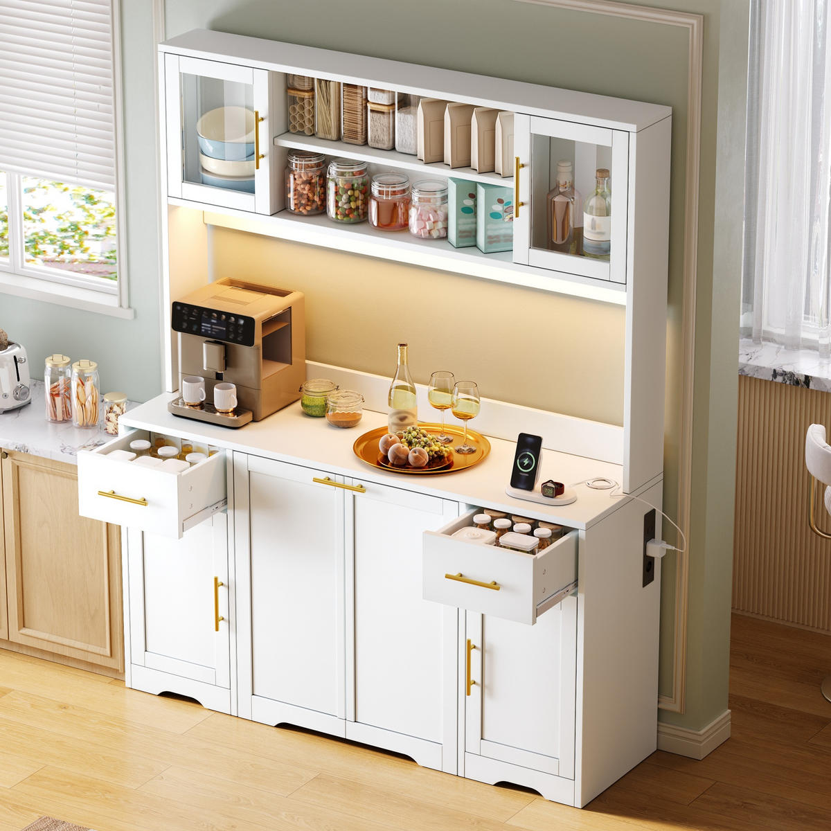 KÜCHENBUFFET 140x40x173 cm, 2 Schubladen, ausziehbarer Müllschrank, LED-Beleuchtung, 2 USB-Anschlüsse, Glastüren, verstellbare Einlegeböden, Weiß - Weiß, Holzwerkstoff (140/173/40cm) - FOHERE