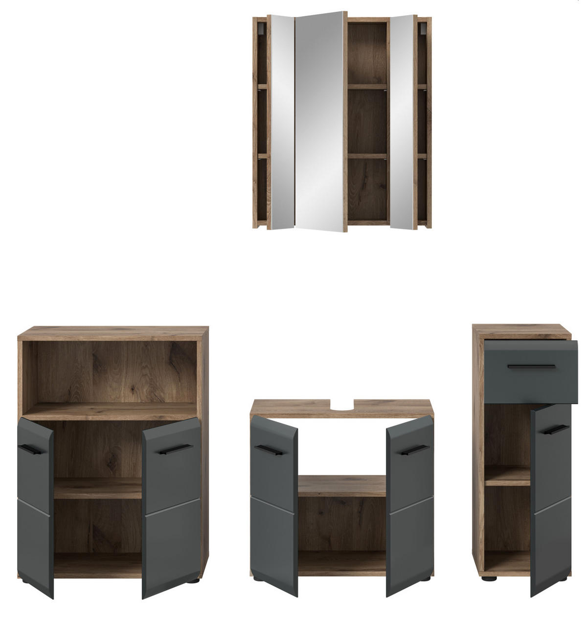 BADMÖBEL-SET 4-teilig schwarz matt, Eiche Nox, Badezimmer mit viel Stauraum, 180 x 185 cm - Eichefarben/Schwarz, Glas/Holzwerkstoff (180/185/30cm) - Inn.Furn