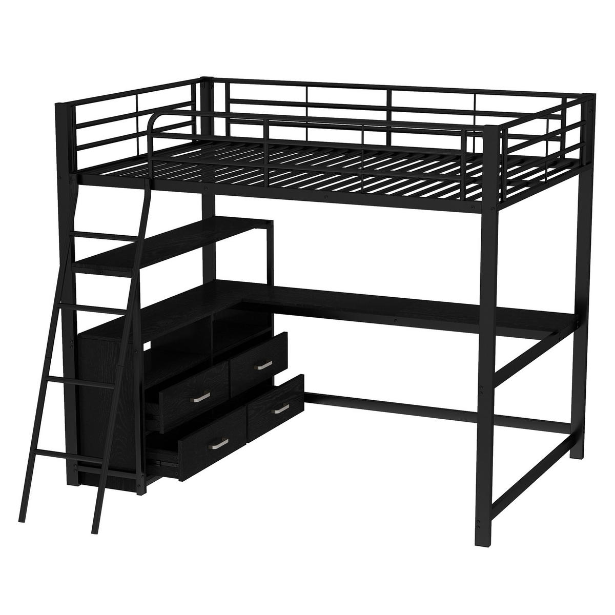 HOCHBETT 140/200 cm schwarz mit L-förmigem Schreibtisch und praktischen Schubladen - Schwarz, Metall (140/200cm) - OKWISH