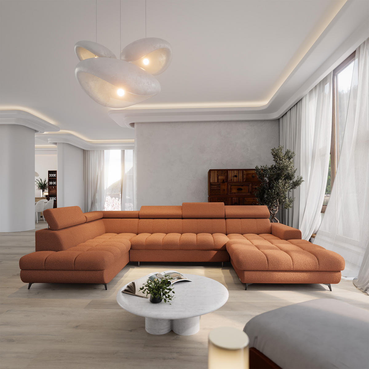 WOHNLANDSCHAFT CORENO Orange Boucle-Stoff mit Schlaffunktion - Terracotta, Holz (345/88/190cm) - MASSENO