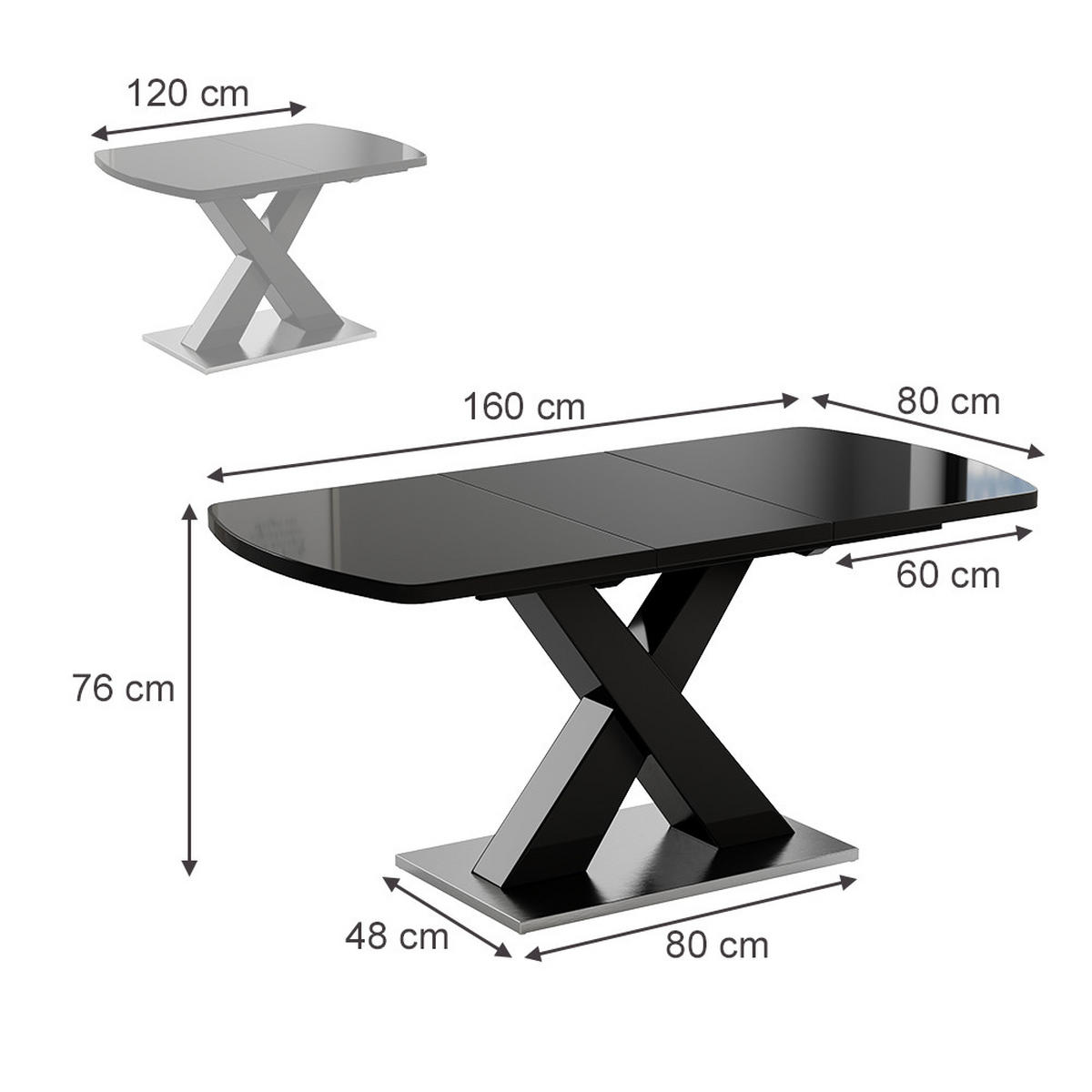 ESSTISCH Chinto Schwarz 120 x 80 cm ausziehbar - Schwarz, Holzwerkstoff (80/120/76cm) - Vicco